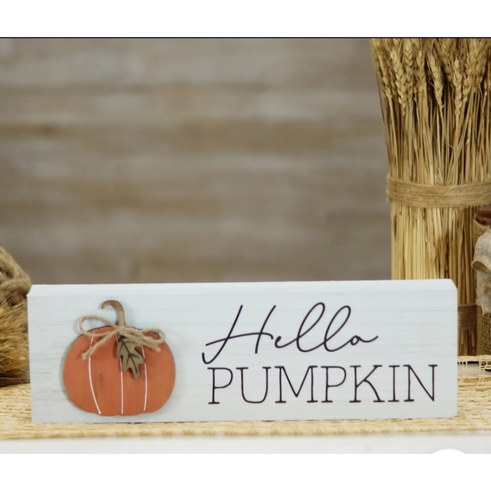 Hello Pumpkin Wood Block Sign 14x4.5 Fall Harvest Decor Accent NWT